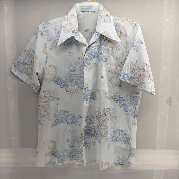 Vintage 60s 70s McGregor Housewares All Over Mens L 16-16.5 MIssing Button Silk - Picture 1 of 6